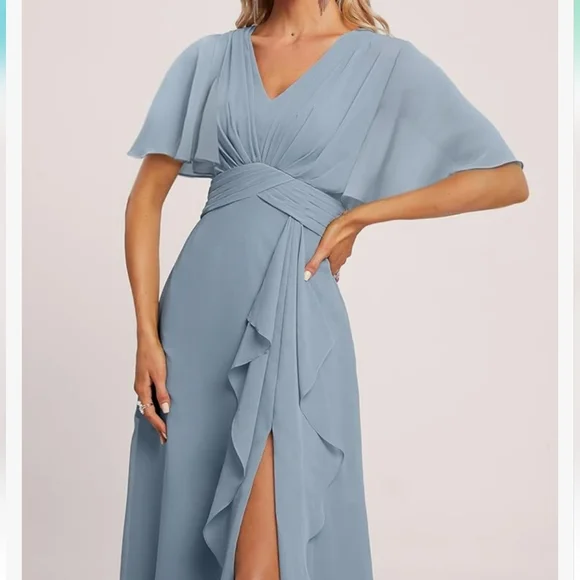 NWOT Deamify dusty blue flutter sleeve bridesmaid dress - Picture 4 of 7